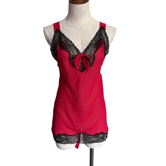 Adore Me Red Black Lace Slip Chemise Nightgown Size Medium Lingerie Vixen - Picture 2 of 8